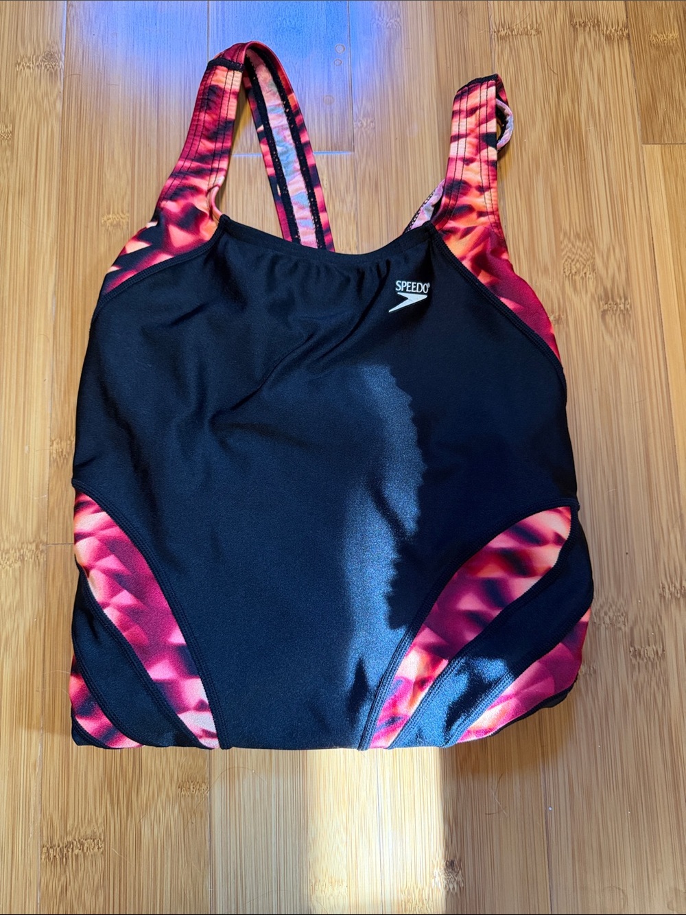 Speedo Black One-Piece Swimsuit with Pink and Red Patterned Accents